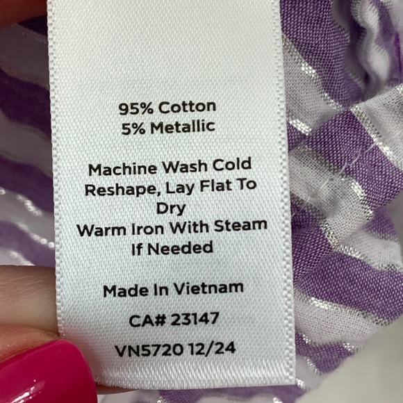 Talbots Charming Stripe Seersucker Popover Top in Deep Lavender Metallic Sz L - Picture 10 of 13